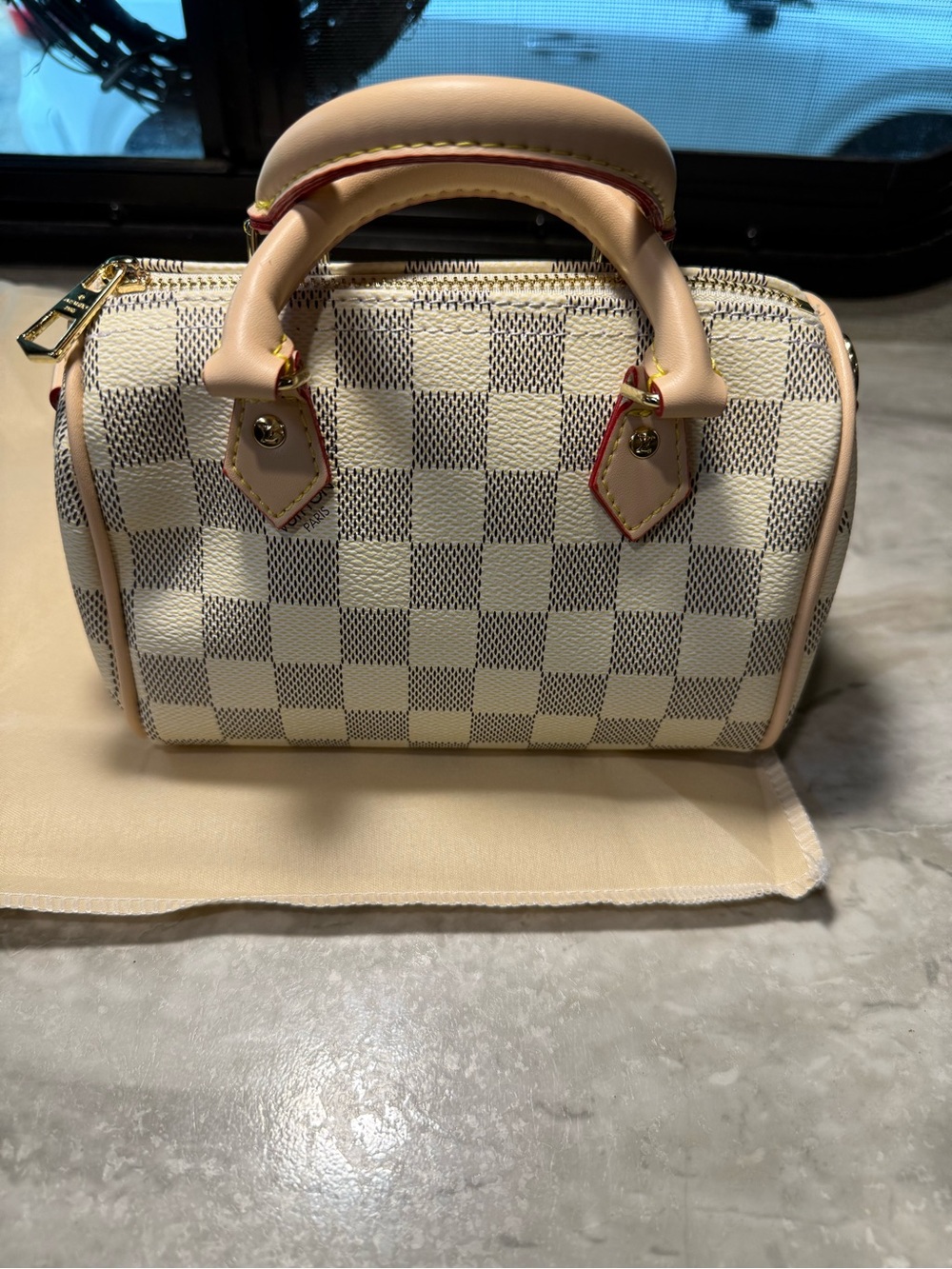 Designer-Inspired Cream Checkered Mini Satchel